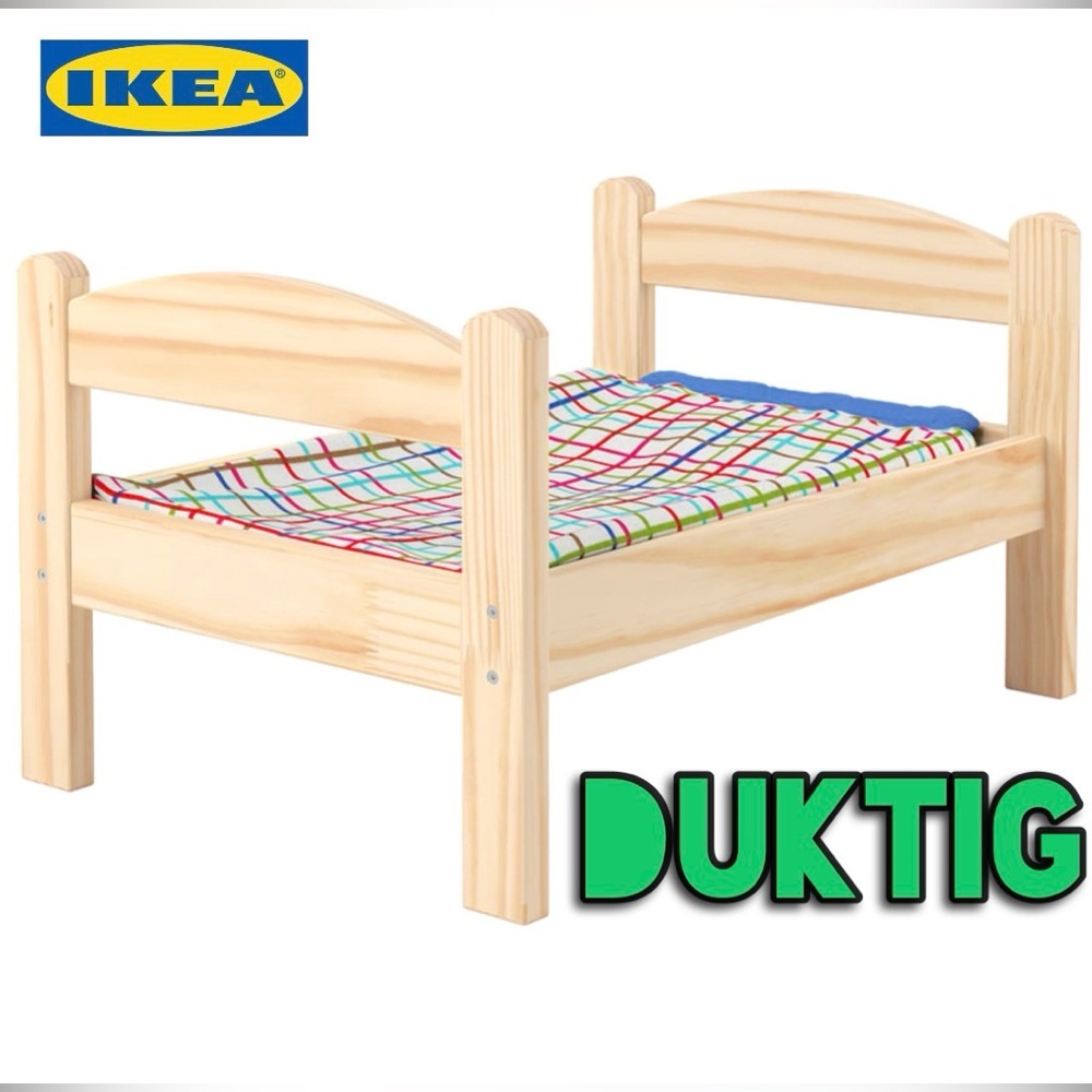 IKEA DUKTIG Doll bed w/ bedlinen set in unfinished pine. NWT Viral Cat bed